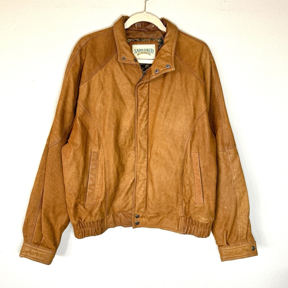 Saddlebred Mens Brown Leather Bomber‎ Jacket Paisley Bird Pattern Lining Size 46